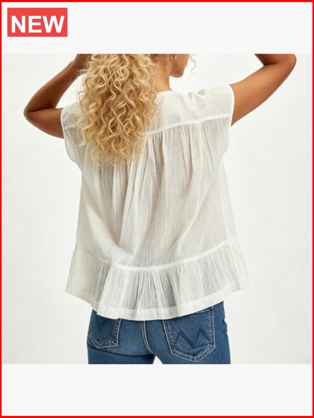 Semi Sheer Button Down Blouse Square Neck Lace Ruffle Trim Cap Sleeve Casual - Picture 6 of 6